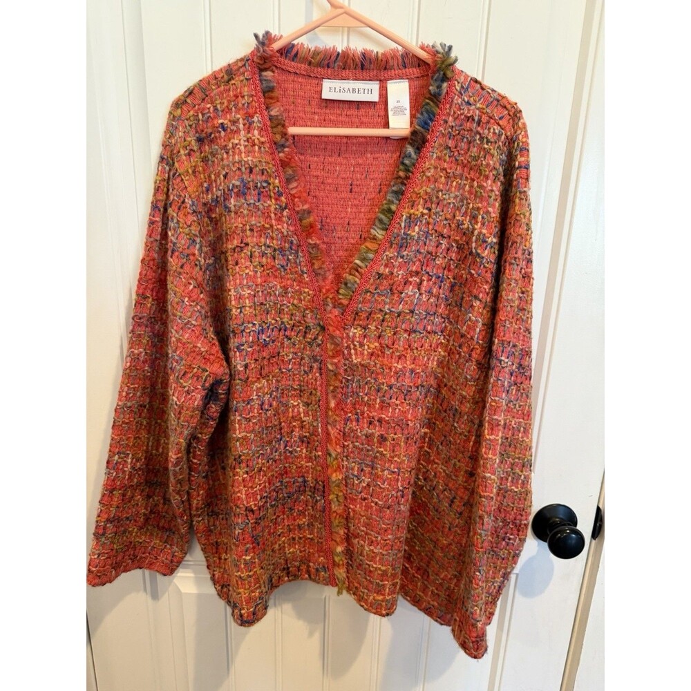 Elisabeth Liz Claiborne Cardigan Womens 3X Coral Multicolor Wool Blend Fringe